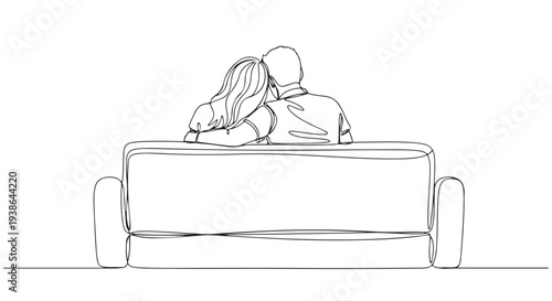Minimalist line art illustration of a loving couple embracing on a cozy sofa, depicting comfort and togetherness in a heartfelt domestic moment