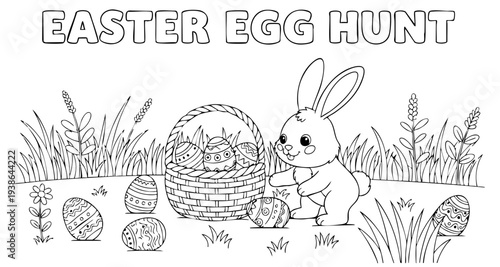 bunny painting easter egg and some flowers, coloring page ready to print on standard 8.5x11 inch paper. eps file.