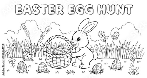 bunny painting easter egg and some flowers, coloring page ready to print on standard 8.5x11 inch paper. eps file.