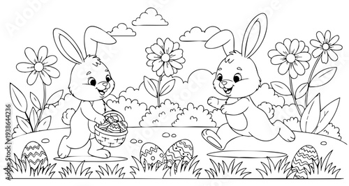 bunny painting easter egg and some flowers, coloring page ready to print on standard 8.5x11 inch paper. eps file.
