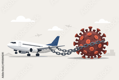 Impact of Coronavirus COVID-19 Outbreak on Global Airline Industry and Travel Sector with Airplane Chained to Virus Symbolizing Financial Crisis, Bankruptcy, Flight Bans and Economic Downturn
