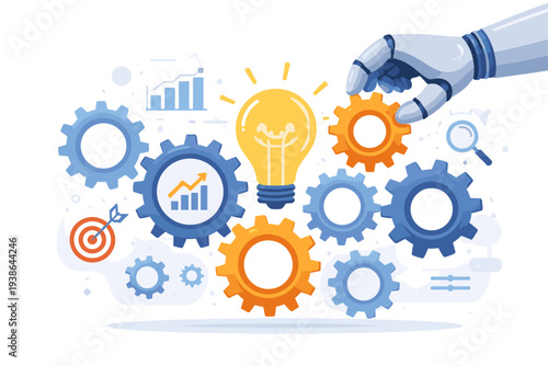 Automation and Technology for Business Development Process with Robotic Hand Adjusting Gears, Glowing Lightbulb for Innovation, and Growth Charts for Marketing Technology and Digital Strategy.