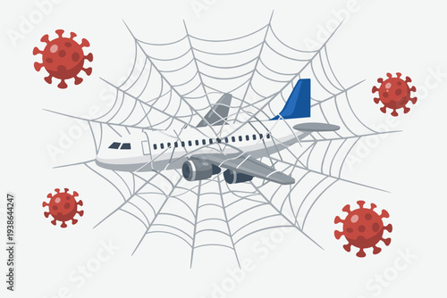 Impact of COVID-19 Pandemic on Airline Industry Concept with Airplane Trapped in a Spider Web and Coronavirus Cells Representing Travel Crisis, Grounded Flights, and Global Economic Shutdown.