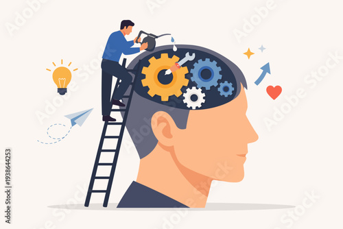 Mental Health Maintenance and Brain Repair Concept with Person Fixing Gears Inside Human Head to Boost Creativity, Thinking Process, Problem Solving, and Emotional Well-being Illustration
