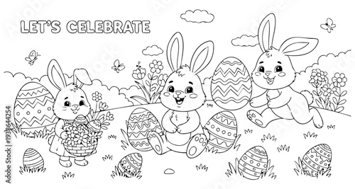 bunny painting easter egg and some flowers, coloring page ready to print on standard 8.5x11 inch paper. eps file.