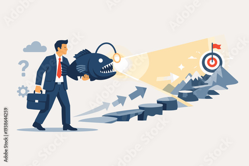 Businessman holding a deep sea anglerfish as a spotlight to reveal the way to a target goal, visionary leadership finding opportunities and navigating obstacles toward success and future growth