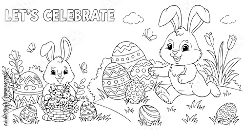 bunny painting easter egg and some flowers, coloring page ready to print on standard 8.5x11 inch paper. eps file.