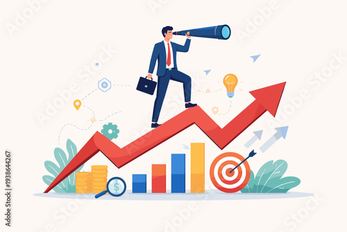 Visionary Businessman with Telescope Standing on Rising Growth Arrow Graph Looking for Future Opportunities and Market Trends; Concept of Strategic Planning, Financial Success, and Forecasting.