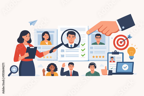 Recruitment and Human Resources Concept with HR Manager Choosing Best Candidate for Job Vacancy from Pool of Diverse Applicants, Talent Acquisition and Hiring Process Vector Illustration.