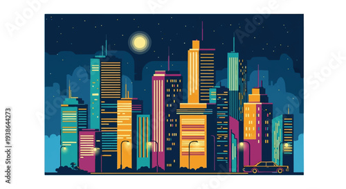 Cityscape illustration night skyline vibrant colors building design