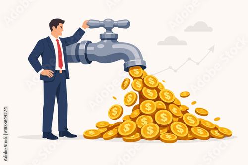 Wealthy Businessman Turning a Faucet to Release a Flow of Gold Coins, Representing Passive Income, Cash Flow, Business Profit, Financial Success, and Stock Market Investment Growth Concept.