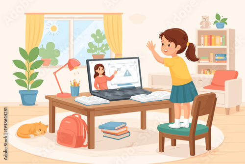 Little Girl Waving to Teacher During Online Class on Laptop at Home. Distance Learning, Homeschooling, and Virtual Education Concept for Children During School Closure and Lockdown Illustration.
