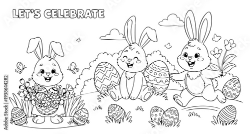 bunny painting easter egg and some flowers, coloring page ready to print on standard 8.5x11 inch paper. eps file.