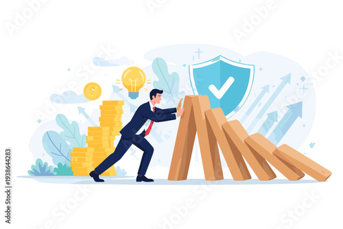 Businessman stopping falling dominoes to prevent crisis and manage risk in investment, concept of financial protection, business stability, insurance, problem solving, and strategic growth.