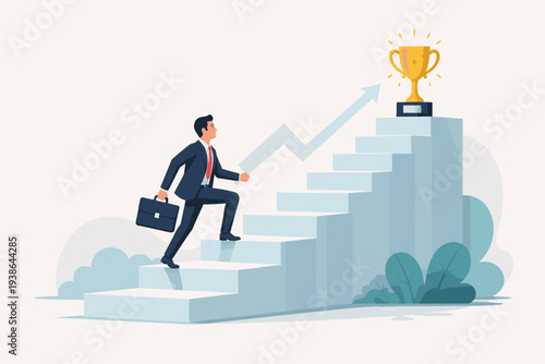 Businessman in suit climbing stairs to reach a golden trophy, symbolizing career growth, professional development, job promotion, success, motivation, and achieving business goals and targets.