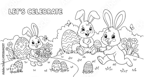 bunny painting easter egg and some flowers, coloring page ready to print on standard 8.5x11 inch paper. eps file.