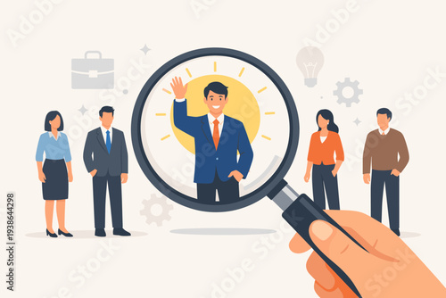 Human resources recruitment concept with hand holding magnifying glass to find the best candidate for a job among a group of professional people, talent acquisition and hiring process vector.