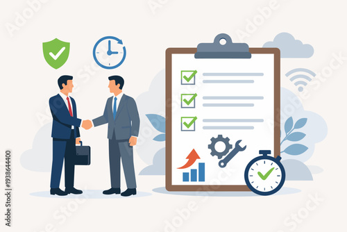 SLA Service Level Agreement Concept with Businessmen Shaking Hands, Clipboard Checklist, Stopwatch, and Shield Icons for Professional Commitment, Support Contract, Reliability, and Uptime.