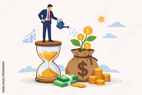 Businessman standing on an hourglass watering a money tree growing from a sack of coins, representing long-term investment, compound interest, financial growth, wealth management, and prosperity.