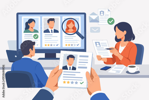 Recruitment process with HR team reviewing candidate resumes and talent validation to choose the best applicant for a job vacancy. Employment hiring with digital and paper CV profiles in office.