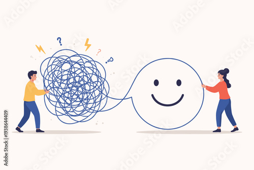 Mental Health Therapy and Psychology Concept with People Untangling a Messy Knot of Chaos into a Happy Smiley Face, Symbolizing Problem Solving, Emotional Support, Clarity, and Counseling.