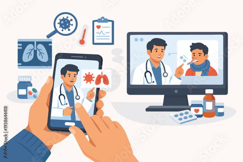 Telemedicine and Online Healthcare Concept with Doctor Consulting Patient via Smartphone and Computer Screen, Digital Health Service with Medical Icons for Virus, Lungs, and Remote Diagnosis.
