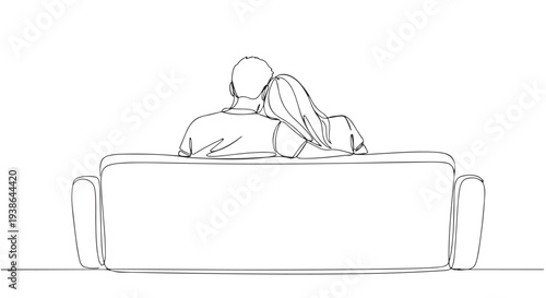 A minimalist line illustration of a couple sitting closely together on a couch