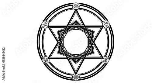 Mystical Hexagram Star Circle Symbol with Ancient Runes, Esoteric Magic Emblem