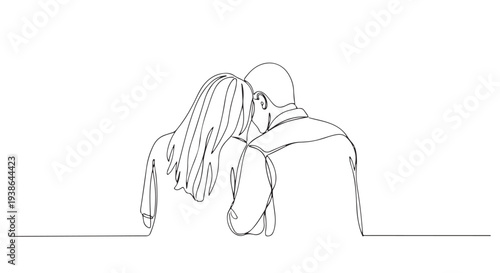 Minimalist line art illustration of a couple embracing, symbolizing love and intimacy in a continuous drawing style