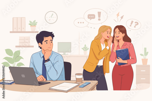 Workplace Gossip and Bullying Illustration of Two Female Colleagues Whispering and Spreading Rumors Behind a Male Coworker's Back in a Toxic Office Environment Depicting Social Exclusion and Stress