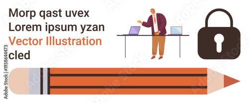 Business strategy, education material, creative design, data protection, office work, graphic layout. Person presenting with laptops, a lock symbol a pencil. Business strategy and education material