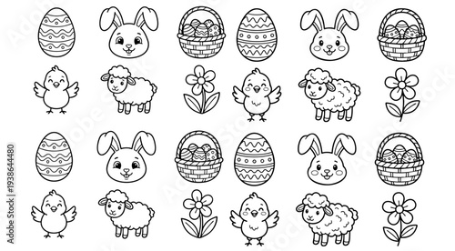 Easter themed coloring page with various cute animals and symbols