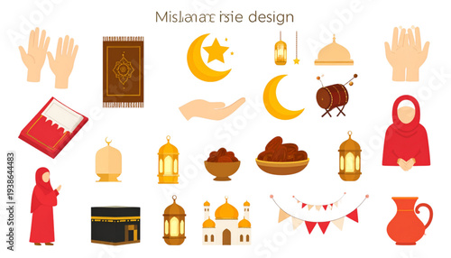 A colorful Islamic design vector graphic featuring various symbols and icons on transparent background