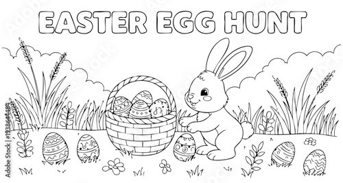 bunny painting easter egg and some flowers, coloring page ready to print on standard 8.5x11 inch paper. eps file.