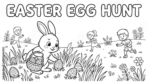 bunny painting easter egg and some flowers, coloring page ready to print on standard 8.5x11 inch paper. eps file.