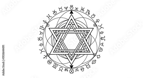 Mystical Star Hexagram Symbol with Arcane Circle and Astrological Signs