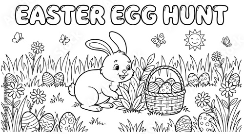bunny painting easter egg and some flowers, coloring page ready to print on standard 8.5x11 inch paper. eps file.