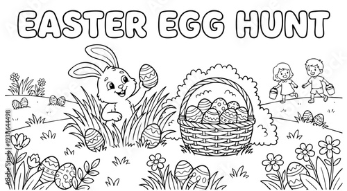 bunny painting easter egg and some flowers, coloring page ready to print on standard 8.5x11 inch paper. eps file.