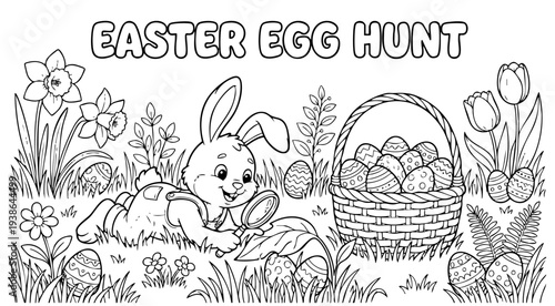 bunny painting easter egg and some flowers, coloring page ready to print on standard 8.5x11 inch paper. eps file.