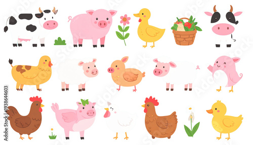 A colorful illustration of farm animals and a basket of vegetables on transparent background