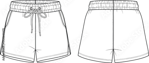 Technical Fashion Flat Sketch of Men or Women Sports Shorts with Elastic Drawstring Waistband and Side Pockets, Clothing Template, Vector