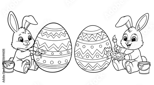 A coloring page of a rabbit painting an Easter egg.