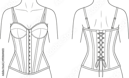 Technical Fashion Flat Sketch of Women Corset Top with Lace Up Back and Busk Front, Lingerie Body Shaper, Vector Illustration