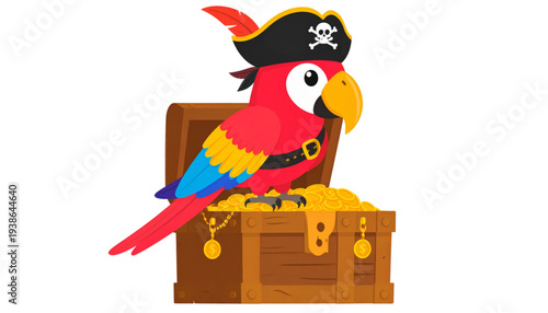 A colorful parrot wearing a pirate hat sits on a treasure chest filled with gold coins on transparent background