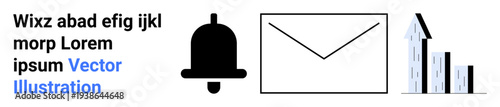 Notifications, email communication, data analysis, business growth, productivity tools, message alerts. Black notification bell, envelope and bar graph. Notifications and email communication concept