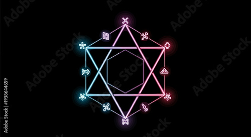 Mystical Geometric Symbol with Neon Glow on Black Background