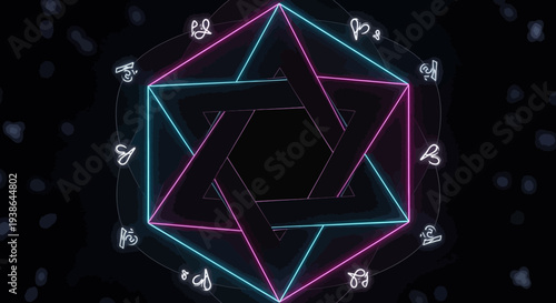 Mysterious Neon Geometric Star Symbol with Esoteric Runes and Cosmic Dust