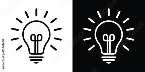 Outlined light bulb icon with shining rays. Represents creativity, inspiration, and bright ideas. Linear style graphic in black and white for business and educational concepts.
