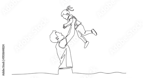 Joyful continuous line drawing of a father lifting his happy daughter high in the air, celebrating their loving bond and playful family moments