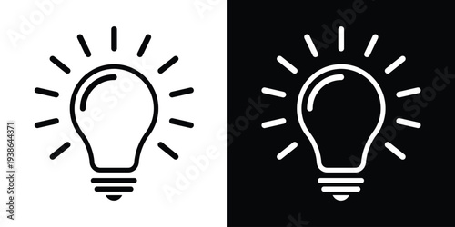 Outlined light bulb icon with shining rays. Represents creativity, inspiration, and bright ideas. Linear style graphic in black and white for business and educational concepts.
